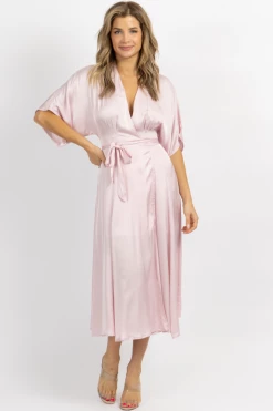 OLIVACEOUS PALE PINK SATIN WRAP MIDI DRESS