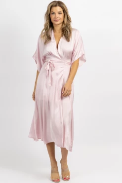 OLIVACEOUS PALE PINK SATIN WRAP MIDI DRESS