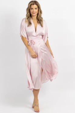 OLIVACEOUS PALE PINK SATIN WRAP MIDI DRESS