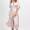 OLIVACEOUS PALE PINK SATIN WRAP MIDI DRESS