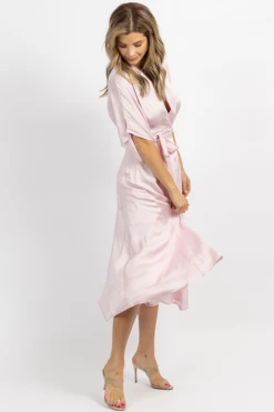 OLIVACEOUS PALE PINK SATIN WRAP MIDI DRESS