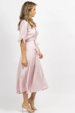 OLIVACEOUS PALE PINK SATIN WRAP MIDI DRESS