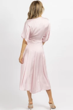 OLIVACEOUS PALE PINK SATIN WRAP MIDI DRESS