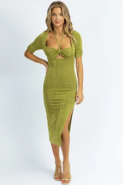 ENDLESS BLU BASIL SHORT SLEEVE HALTER NECK MAXI DRESS