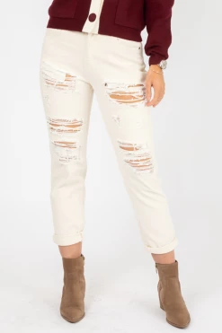 Q2 BEIGE RIPPED BOYFRIEND JEAN CLOTHING