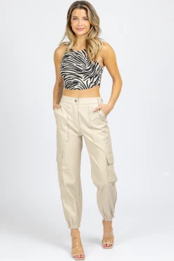 DANCE AND MARVEL BEIGE FAUX LEATHER CARGO PANT NEW ARRIVALS
