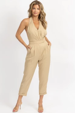 DO + BE GOLDEN BEIGE HALTERNECK OPEN BACK JUMPSUIT NEW ARRIVALS