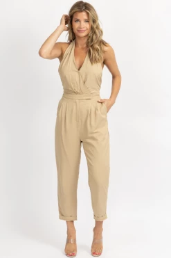 DO + BE GOLDEN BEIGE HALTERNECK OPEN BACK JUMPSUIT NEW ARRIVALS