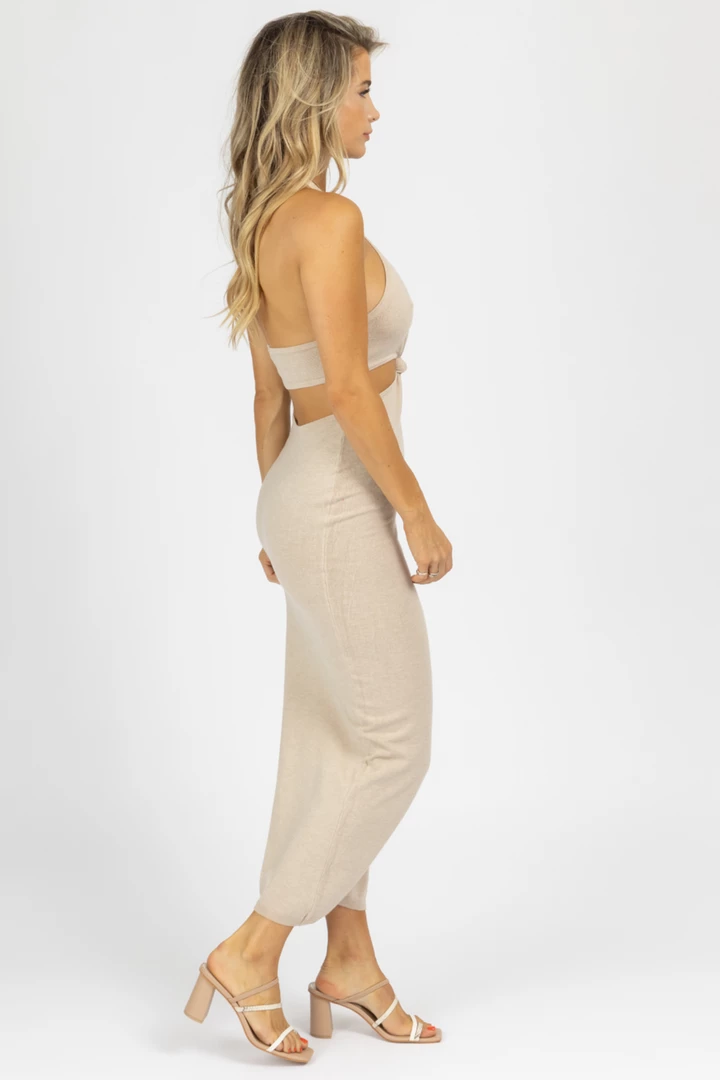 MIOU MUSE BEIGE HALTER TWIST FRONT MIDI DRESS *BACK IN STOCK* 4 MIOU MUSE BEIGE HALTER TWIST FRONT MIDI DRESS *BACK IN STOCK*