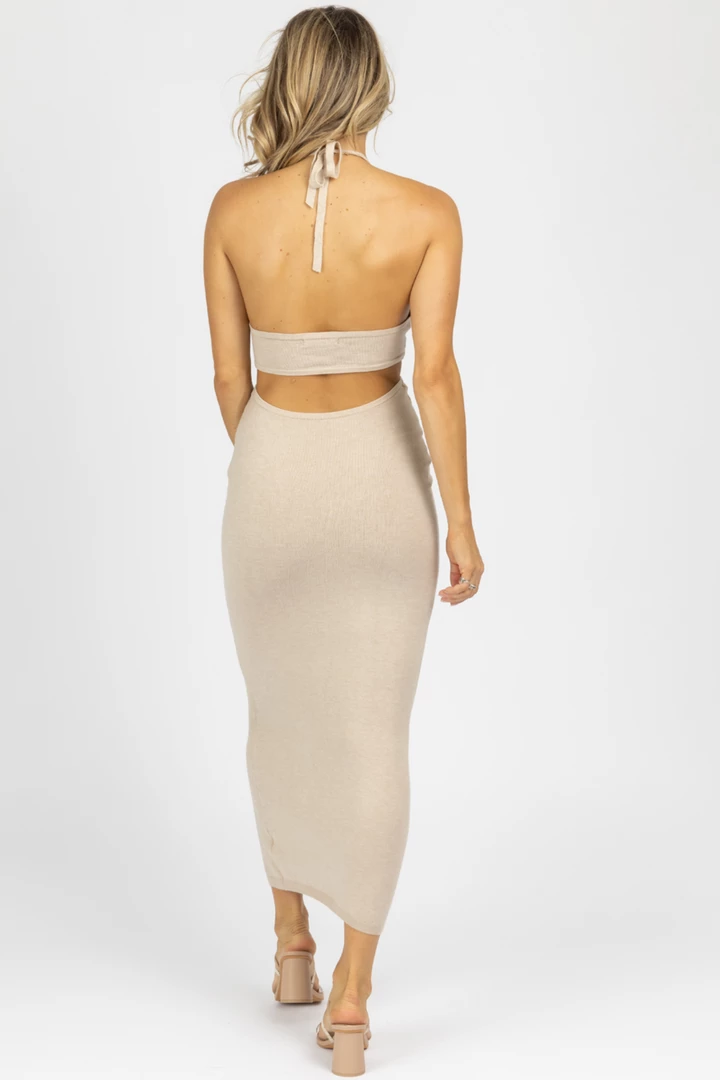 MIOU MUSE BEIGE HALTER TWIST FRONT MIDI DRESS *BACK IN STOCK* 5 MIOU MUSE BEIGE HALTER TWIST FRONT MIDI DRESS *BACK IN STOCK*