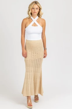 FORE COLLECTION CLOTHING BEIGE KNIT FIT + FLARE SLIT SKIRT