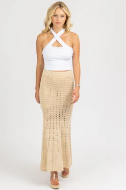 FORE COLLECTION CLOTHING BEIGE KNIT FIT + FLARE SLIT SKIRT