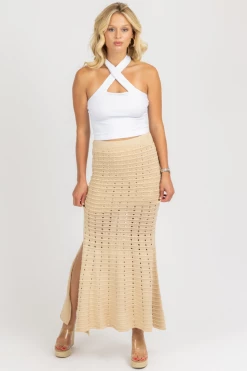 FORE COLLECTION CLOTHING BEIGE KNIT FIT + FLARE SLIT SKIRT