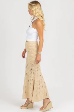 FORE COLLECTION CLOTHING BEIGE KNIT FIT + FLARE SLIT SKIRT
