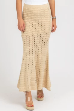 FORE COLLECTION CLOTHING BEIGE KNIT FIT + FLARE SLIT SKIRT