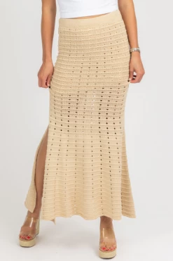 FORE COLLECTION CLOTHING BEIGE KNIT FIT + FLARE SLIT SKIRT