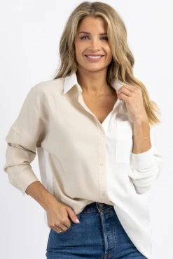 CRESCENT NEW ARRIVALS BEIGE MARNE COLOR BLOCK BUTTON DOWN SHIRT *BACK IN STOCK*
