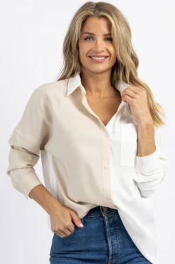 CRESCENT NEW ARRIVALS BEIGE MARNE COLOR BLOCK BUTTON DOWN SHIRT *BACK IN STOCK* 8 CRESCENT NEW ARRIVALS BEIGE MARNE COLOR BLOCK BUTTON DOWN SHIRT *BACK IN STOCK*