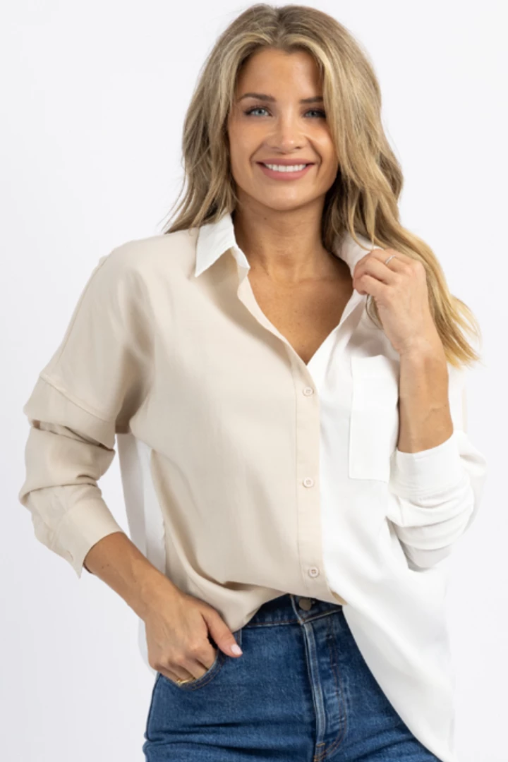 CRESCENT NEW ARRIVALS BEIGE MARNE COLOR BLOCK BUTTON DOWN SHIRT *BACK IN STOCK* 3 CRESCENT NEW ARRIVALS BEIGE MARNE COLOR BLOCK BUTTON DOWN SHIRT *BACK IN STOCK*