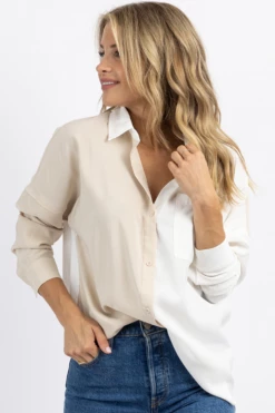 CRESCENT NEW ARRIVALS BEIGE MARNE COLOR BLOCK BUTTON DOWN SHIRT *BACK IN STOCK* 9 CRESCENT NEW ARRIVALS BEIGE MARNE COLOR BLOCK BUTTON DOWN SHIRT *BACK IN STOCK*