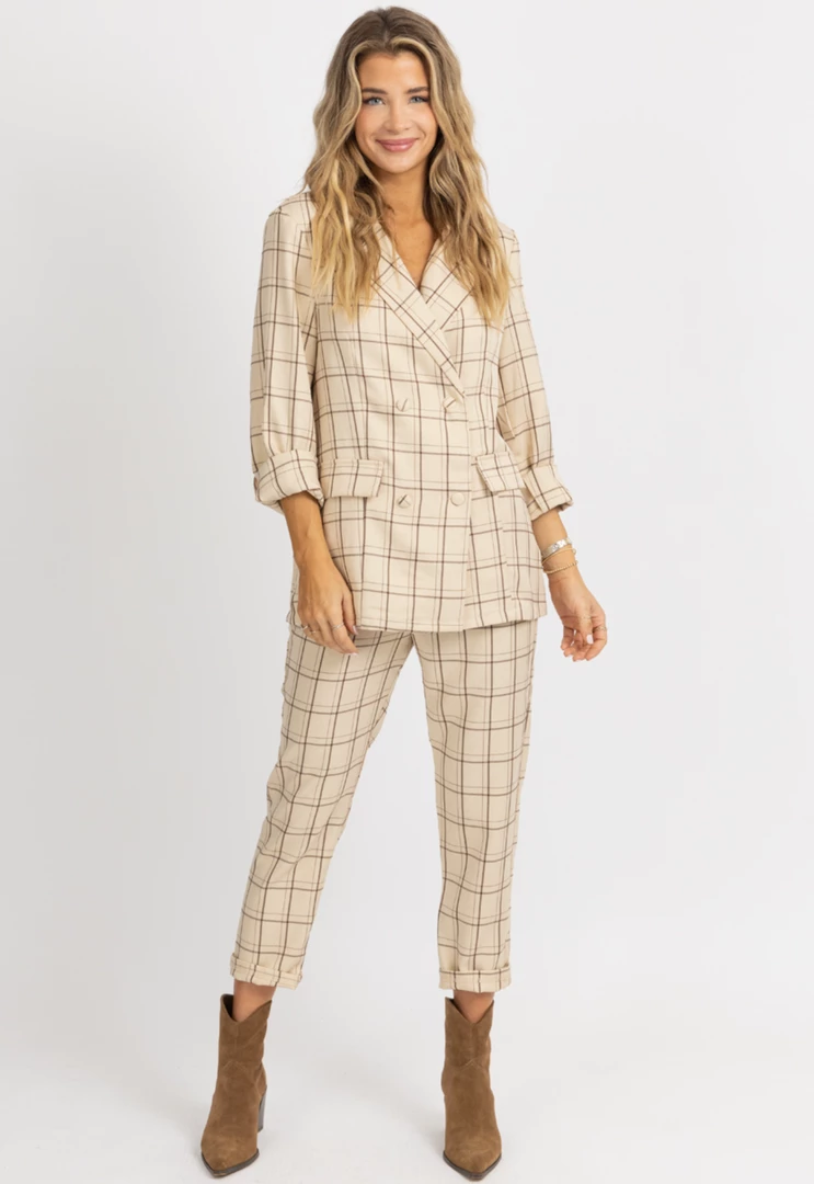 LENA BEIGE PLAID BUTTON BLAZER + PANT SET 1 LENA BEIGE PLAID BUTTON BLAZER + PANT SET