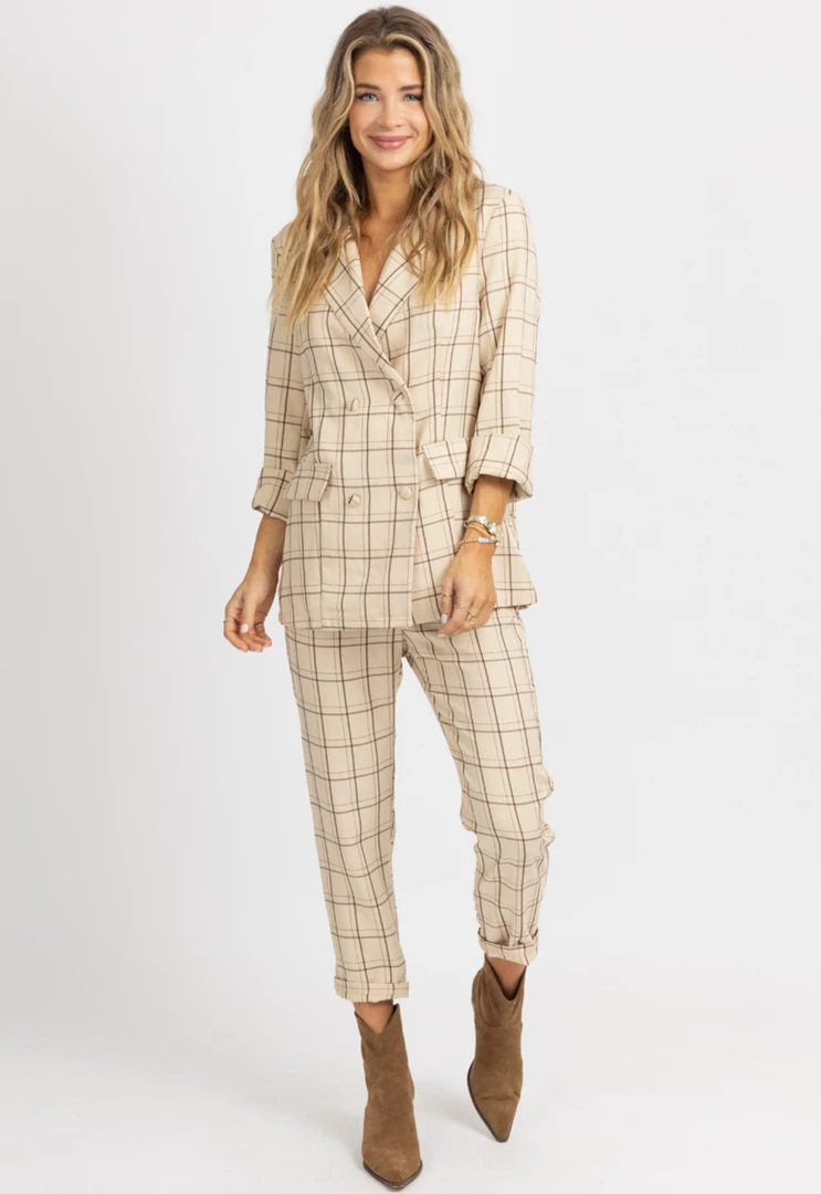 LENA BEIGE PLAID BUTTON BLAZER + PANT SET 2 LENA BEIGE PLAID BUTTON BLAZER + PANT SET