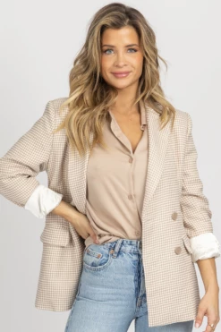 FORE COLLECTION BEIGE GINGHAM RELAXED BUTTON BLAZER NEW ARRIVALS