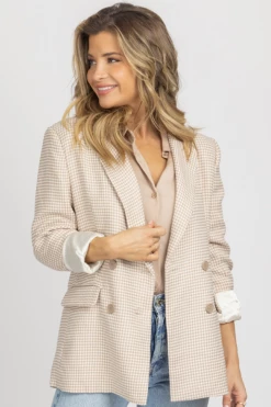FORE COLLECTION BEIGE GINGHAM RELAXED BUTTON BLAZER NEW ARRIVALS