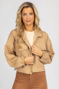FASCINATION CLOTHING BEIGE QUILTED ZIP UP JACKET