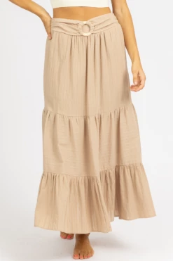PROMESA CLOTHING BEIGE WOVEN BELTED MAXI SKIRT