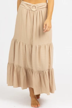 PROMESA CLOTHING BEIGE WOVEN BELTED MAXI SKIRT
