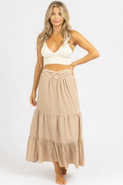 PROMESA CLOTHING BEIGE WOVEN BELTED MAXI SKIRT