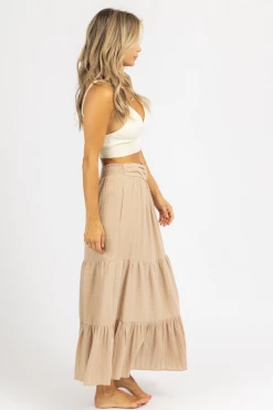 PROMESA CLOTHING BEIGE WOVEN BELTED MAXI SKIRT