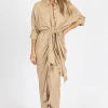 MABLE NEW ARRIVALS TAUPE TENCEL BUTTON DOWN SHIRT DRESS