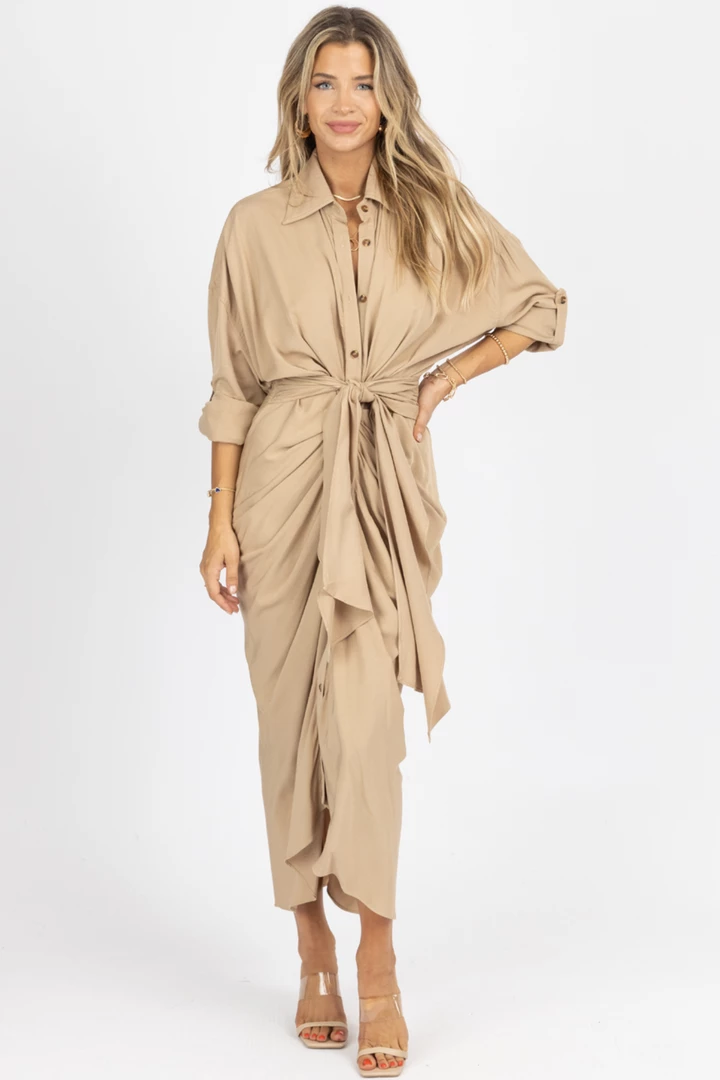 MABLE NEW ARRIVALS TAUPE TENCEL BUTTON DOWN SHIRT DRESS 1 MABLE NEW ARRIVALS TAUPE TENCEL BUTTON DOWN SHIRT DRESS