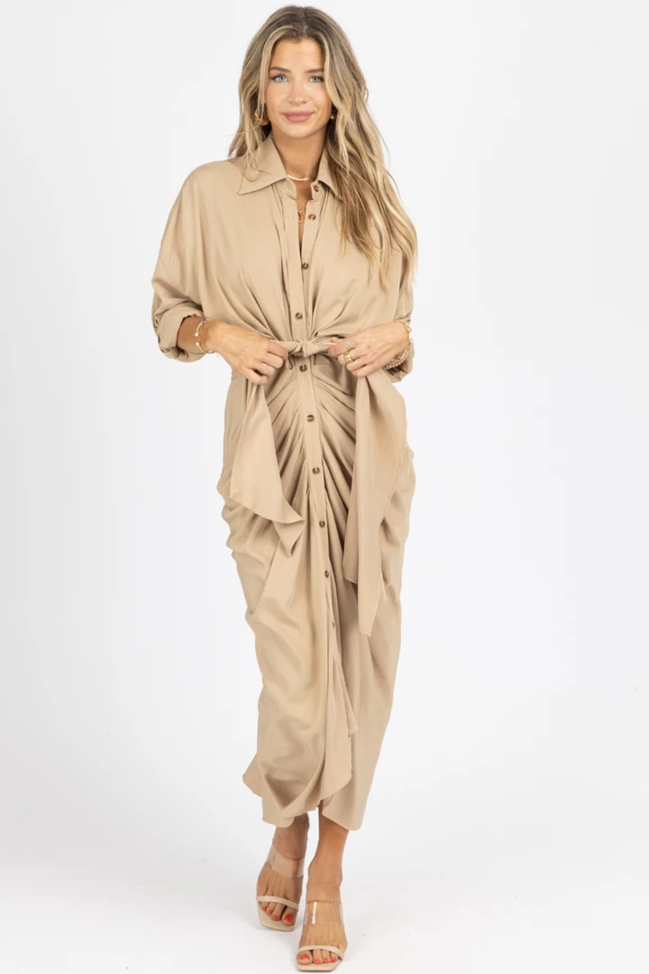 MABLE NEW ARRIVALS TAUPE TENCEL BUTTON DOWN SHIRT DRESS 2 MABLE NEW ARRIVALS TAUPE TENCEL BUTTON DOWN SHIRT DRESS