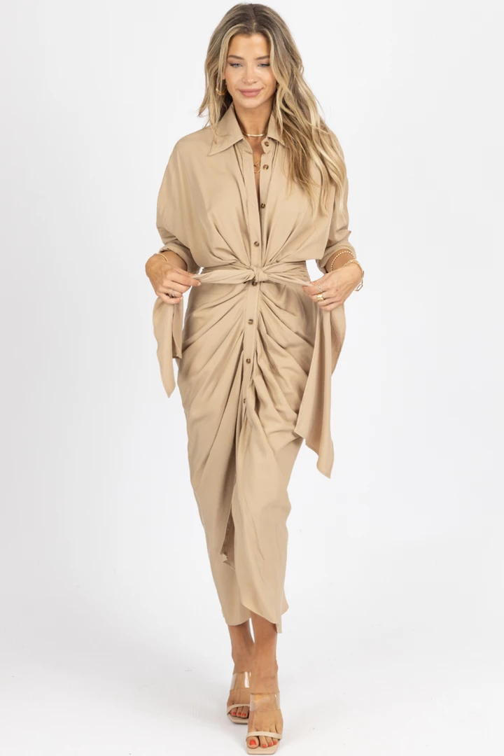 MABLE NEW ARRIVALS TAUPE TENCEL BUTTON DOWN SHIRT DRESS 3 MABLE NEW ARRIVALS TAUPE TENCEL BUTTON DOWN SHIRT DRESS