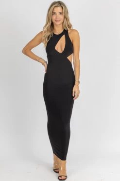 WINWIN APPAREL BLACK ASYMMETRIC CUTOUT MAXI DRESS *BACK IN STOCK*