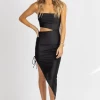 LOVELY DAY BLACK ASYMMETRIC CUTOUT SIDE RUCHE MIDI DRESS