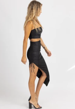 LOVELY DAY BLACK ASYMMETRIC CUTOUT SIDE RUCHE MIDI DRESS 6 LOVELY DAY BLACK ASYMMETRIC CUTOUT SIDE RUCHE MIDI DRESS