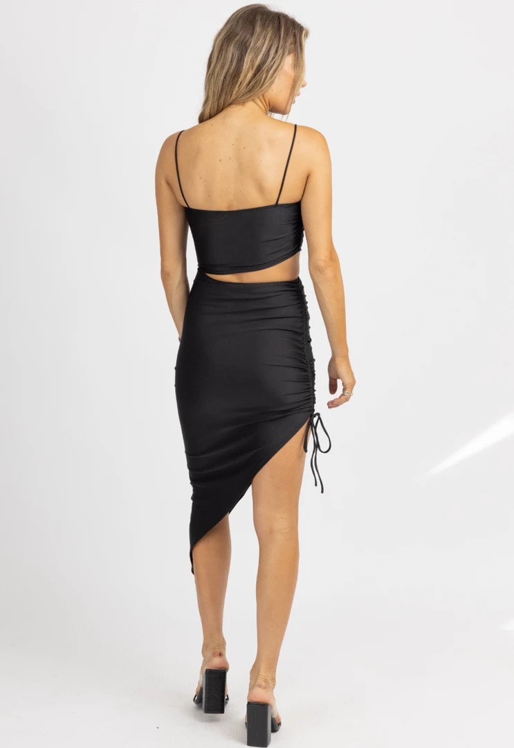LOVELY DAY BLACK ASYMMETRIC CUTOUT SIDE RUCHE MIDI DRESS 4 LOVELY DAY BLACK ASYMMETRIC CUTOUT SIDE RUCHE MIDI DRESS