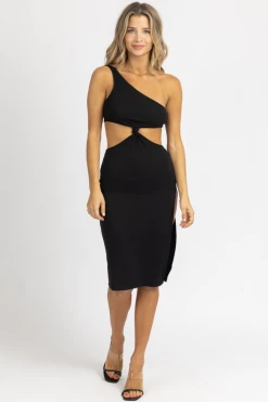 CRESCENT BLACK FRONT KNOT ASYMMETRIC MIDI DRESS CLOTHING