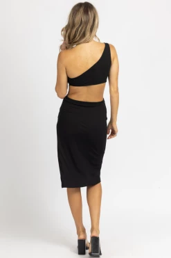 CRESCENT BLACK FRONT KNOT ASYMMETRIC MIDI DRESS CLOTHING