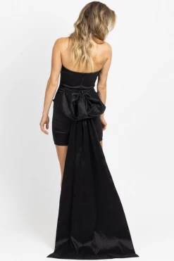 LOVELY DAY STRAPLESS BLACK BOW TRAIN MINI DRESS *BACK IN STOCK* NEW ARRIVALS