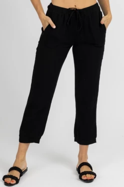 OLIVACEOUS BLACK BREEZY DRAWSTRING CROPPED PANTS