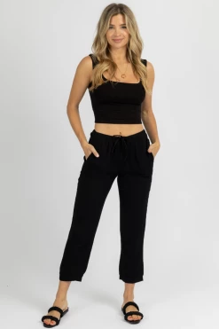 OLIVACEOUS BLACK BREEZY DRAWSTRING CROPPED PANTS