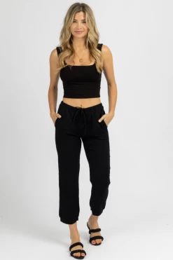 OLIVACEOUS BLACK BREEZY DRAWSTRING CROPPED PANTS