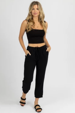 OLIVACEOUS BLACK BREEZY DRAWSTRING CROPPED PANTS