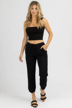 OLIVACEOUS BLACK BREEZY DRAWSTRING CROPPED PANTS