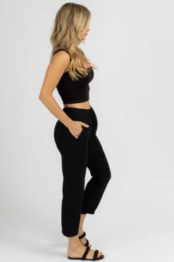 OLIVACEOUS BLACK BREEZY DRAWSTRING CROPPED PANTS